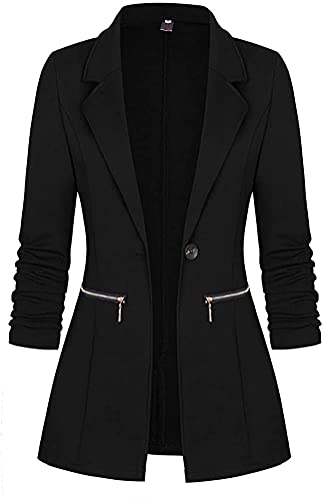 Minetom Damen Elegant Langarm Blazer Sakko Knopf Slim Fit Revers Geschäft Büro Jacke Reißverschluss Mantel Anzüge Bolero Schwarz XS von Minetom