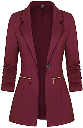 Minetom Damen Elegant Langarm Blazer Sakko Knopf Slim Fit Revers Geschäft Büro Jacke Reißverschluss Mantel Anzüge Bolero Weinrot M von Minetom