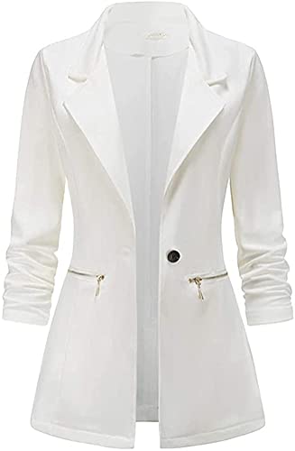 Minetom Damen Elegant Langarm Blazer Sakko Knopf Slim Fit Revers Geschäft Büro Jacke Reißverschluss Mantel Anzüge Bolero Weiß S von Minetom