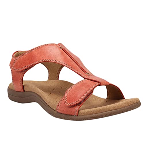 Minetom Damen Flache Strandsandalen Sommer Mit Weiche Fußbett Klettverschluss Sandalen Vintage Leicht Freizeit Schuhe A Orange 42 EU von Minetom