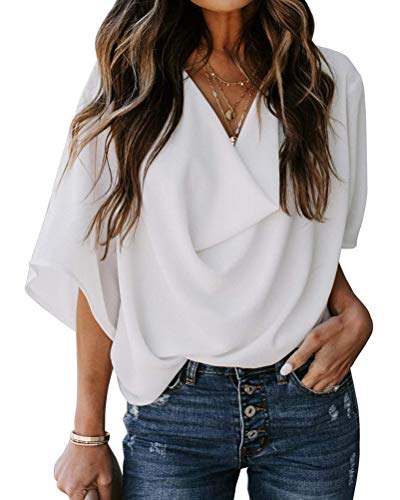 Minetom Damen Fledermaus Batwing Chiffonbluse Tunika T-Shirt Top Bluse Kurzarm Drapieren V Ausschnitt Sommer Casual Loose Fit Elegant Hemd Weiß 34 von Minetom