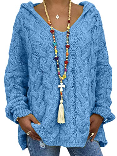 Minetom Damen Grobstrick Strickpullover mit Kapuze Oversize Kapuzenpullover Causal Langarm Hoodie Pulli Einfarbig Jumper Mantel Oberteile Tops Dunkelblau M von Minetom