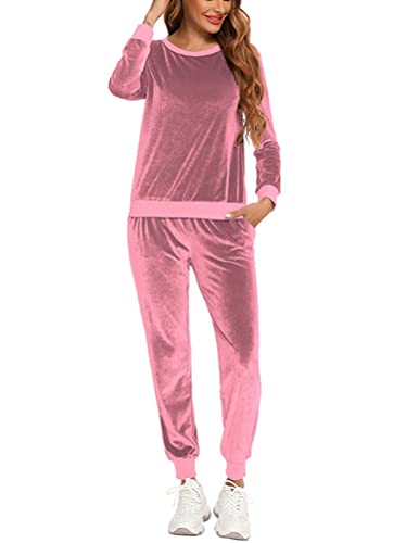 Minetom Damen Hausanzug Samt 2 Teilig Velours Freizeitanzug Jogginganzug Schlafanzug Rundhals Langarm Oberteile Pullover + Hose mit Tasche A Rosa S von Minetom