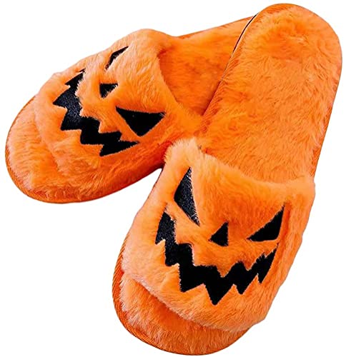 Minetom Damen Hausschuhe Offene Zehe Plüsch Halloween Kürbis Hausschuhe Flauschig Frühling Herbst Warme Slippers Indoor Schlappen A Orange 38 EU von Minetom