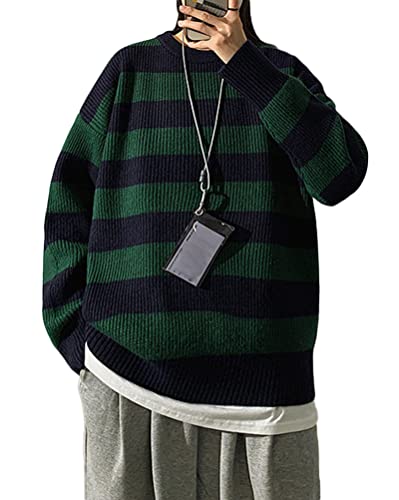 Minetom Damen Herren Strickpullover Oversize Rundhals Langarm Gestreifte College Strickpulli Teenager Mädchen Pullover Retro Winter Mode Pullover Oberteile Tops B Grün M von Minetom