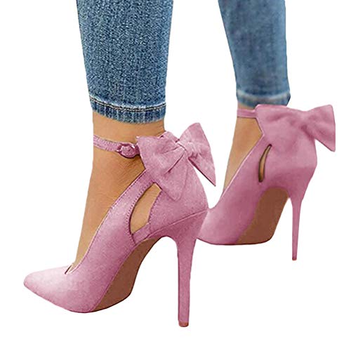 Minetom Damen High Heels Sandalen Pumps Sommerschuhe Sandals Knöchel Party Freizeit Hochzeit Hochhackige Stiletto Schuhe Abendschuhe Mit Bowknot Für Frauen D Pink 39 EU von Minetom