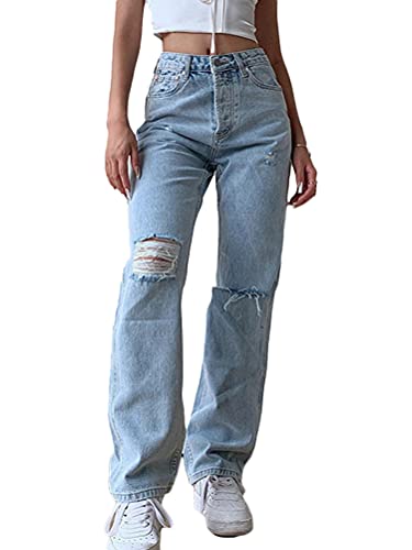 Minetom Damen High Waist Jeans Stretch Jeanshose Zerrissen Destroyed Loose Fit Jeanshose Boyfriend Denim Gerade Hose A Blau L von Minetom