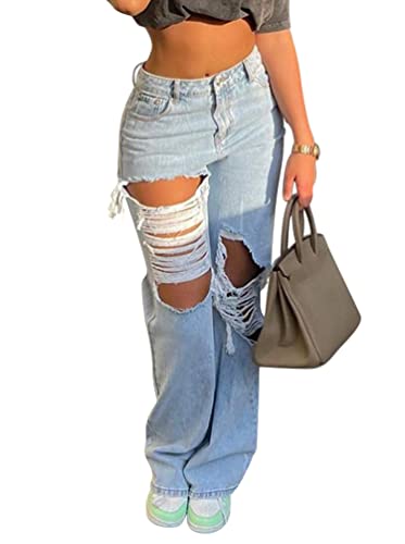 Minetom Damen Hohe Taille Straight Jeans Stretch Jeanshose Zerrissen Destroyed Lose Baggy Jeanshose Boyfriend Denim Gerade Hose Streetwear D Blau S von Minetom