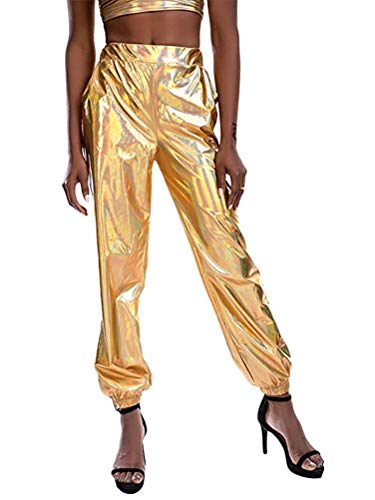 Minetom Damen Hosen Jogginghose Elastischer Bund Sweathose mit Taschen Glänzend PU Leder Fitness Sporthose Trainingshose Freizeithose B Gold X-Large Minetom Damen Hosen Jogginghose Elastischer Bund Sweathose mit Taschen Glänzend PU Leder Fitness Sporthose Trainingshose Freizeithose B Gold X-Large von Minetom