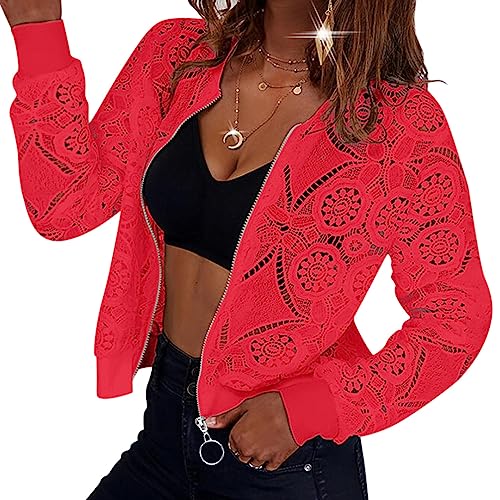 Minetom Damen Jacke Spitze Langarm Bomberjacke Bolero Elegante Reißverschluss Leichte Outwear Kurz Mantel Herbst Frühling Jacke A Rot S von Minetom