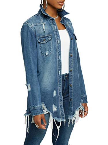 Minetom Damen Jeans Denim Jacke Blouson Übergangsjacke Mantel Outwear Trenchcoat Frühling Lange Cut Out OversizeJacke Jacken H Blau 38 von Minetom