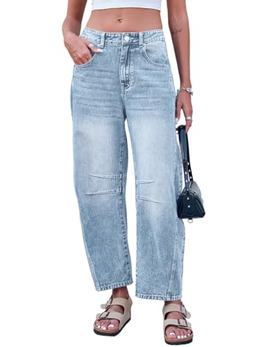 Minetom Damen Jeans Straight Baggy Cargohose Breites Bein Boyfriend Hose Locker Freizeithose Sommer Jeanshose Streetwear Cargo Jeans Denim Pants Casual Trousers A Hellblau S von Minetom