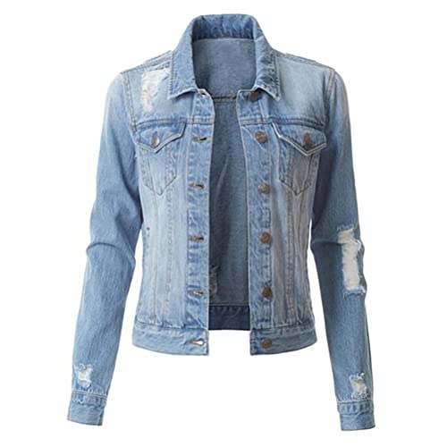 Minetom Damen Jeansjacke Umlegekragen Zerrissene Destroyed Trucker Jacket Denim Knopf Jacket Übergangsjacke Streetwear A Hellblau M von Minetom