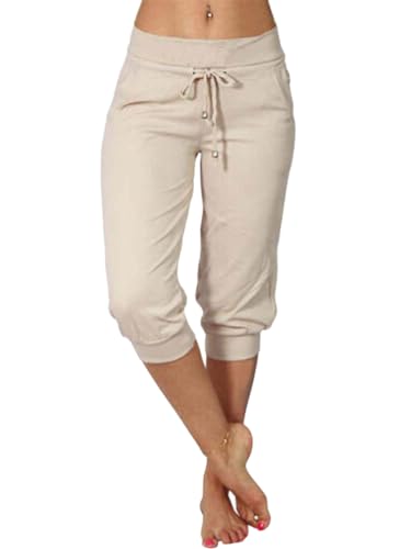 Minetom Damen Jogginghose 3/4 Capri Hose Sporthose Leicht Sommerhose Mit Kordelzug Strandhose Trainingshose Yogahose Pyjamahose Freizeit Hose Mit Tasche A Beige XXL Minetom Damen Jogginghose 3/4 Capri Hose Sporthose Leicht Sommerhose Mit Kordelzug Strandhose Trainingshose Yogahose Pyjamahose Freizeit Hose Mit Tasche A Beige XXL von Minetom