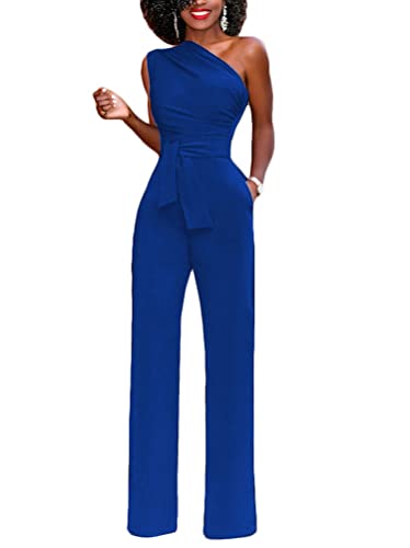 Minetom Damen Jumpsuit Elegant Eine Schulter Cocktail Party Overalls Hosenanzug Playsuit Hosen Lang Romper mit Gürtel Taschen E Blau S von Minetom