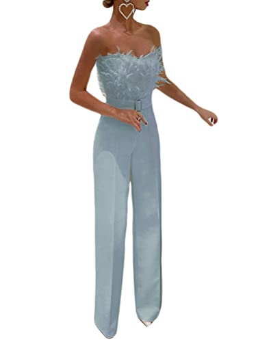 Minetom Damen Jumpsuit Elegant Langarm Schulterfrei Trägerlos Cocktail Party Festlich Overalls Hosenanzug Playsuit Lang Romper B Blau L von Minetom