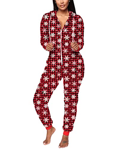 Minetom Damen Jumpsuit Kuschelig Einteiler Schlafanzug Drucken Pyjama Mit Kapuze Overall Weihnachten Schlafanzug Lang Weihnachtspyjama Hausanzug Freizeitanzug B Rot 3 M von Minetom