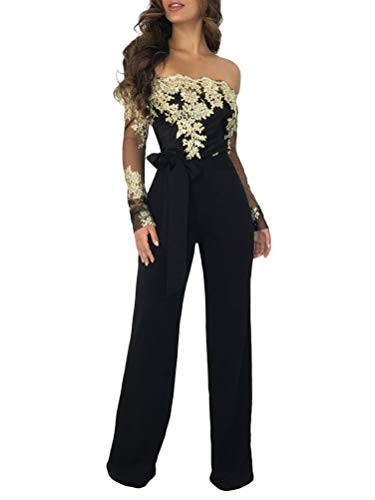 Minetom Damen Jumpsuit Schulterfrei Bogen-Bügel Gürtel Spitze Overalls Elegant Langarm Strampler Hohe Taille Lange Hosen Festlich Hochzeit Playsuit Gold Schwarz DE 40 Minetom Damen Jumpsuit Schulterfrei Bogen-Bügel Gürtel Spitze Overalls Elegant Langarm Strampler Hohe Taille Lange Hosen Festlich Hochzeit Playsuit Gold Schwarz DE 40 von Minetom