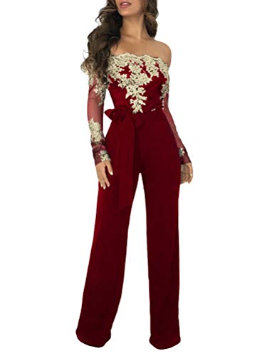 Minetom Damen Jumpsuit Schulterfrei Bogen-Bügel Gürtel Spitze Overalls Elegant Langarm Strampler Hohe Taille Lange Hosen Festlich Hochzeit Playsuit Gold Weinrot DE 44 Minetom Damen Jumpsuit Schulterfrei Bogen-Bügel Gürtel Spitze Overalls Elegant Langarm Strampler Hohe Taille Lange Hosen Festlich Hochzeit Playsuit Gold Weinrot DE 44 von Minetom