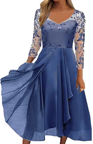 Minetom Damen Kleider Spitzenkleid Chiffon Cocktailkleid Festliches Ballkleid Brautjungfernkleider Für Hochzeit Midi Abendkleider F Blau M von Minetom