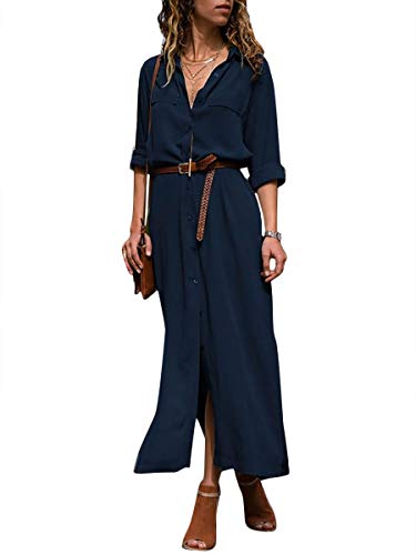 Minetom Damen Langarm Blusenkleid V-Ausschnitt Elegant Hemdkleid Strandkleid Shirt Kleid Oberteil Kleid Maxikleid Tiefes Blau X-Large von Minetom