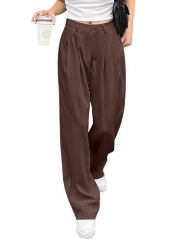 Minetom Damen Lange Hose Straight Hose Mit Tasche Palazzo Pants Klasse Weiten Beinen Büro Hosen Mit Reißverschluss B Braun L von Minetom