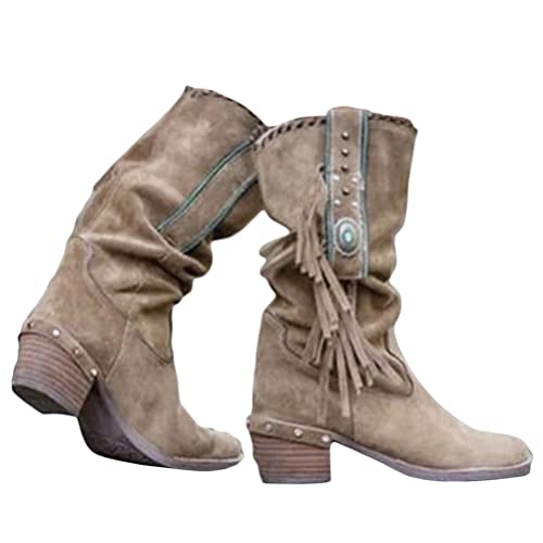 Minetom Damen Langschaft Stiefel Stiefeletten Wildleder Quaste Zipper Bootie Herbst Winter Stiefel Ankle Boots Westernstiefel Halbhohe Stiefel B Khaki 38 EU von Minetom