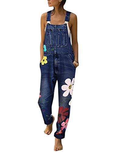 Minetom Damen Latzhose Jeanslatzhose Frauen Latzhose Jeans Hose Vintage Lose Baggy Jumpsuit Overall Blumen Denim Playsuit Romper A Blau 3XL von Minetom