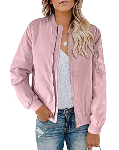 Minetom Damen Leichte Jacke Langarm Bomberjacke Reißverschluss Stehkragen Outwear Kurz Coat Herbst Frühling Bikerjacke Streetwear B Rosa XXL von Minetom