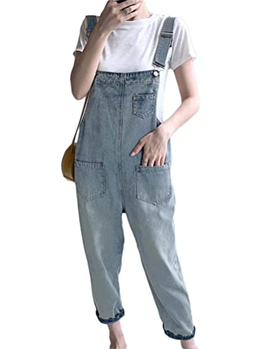 Minetom Damen Mädchen Latzhose Jeans Boyfriend Denim Overall Jumpsuit Jeans Casual Lose Hose Lange Baggy Sommeroverall Jeanslatzhose Romper F Blau XL von Minetom