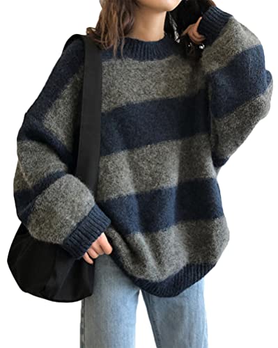 Minetom Damen Mädchen Strickpullover Farbblock Pullover Oversize Sweatshirt Streifen Strickpulli Langarmshirt Streifen Oberteil Tunika Tops F Blau M von Minetom