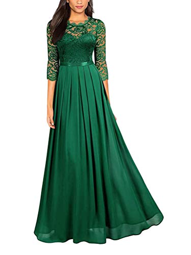 Minetom Damen Maxikleider Langarm Spitzen Plissee Brautjungfernkleid Kleider A Linie Kleid Stehkragen Ballonkleid Hoher Taille C Grün 38 von Minetom