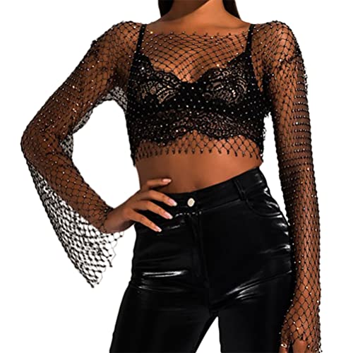 Minetom Damen Mesh Unterwäsche Tank Top Oberteil Frauen Aushöhlen Elastisch Glänzend Strass Crop Tops Bikini Cover Up BH-Hemden Clubwear E Schwarz Einheitsgröße von Minetom