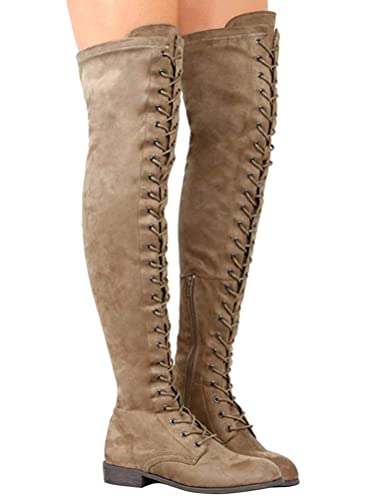 Minetom Damen Overknee Stiefel Stretch Kniehohe Stiefel Vintage Schnüren Flache Schuhe Langschaft Winterstiefel Lang Boots Khaki 37 EU von Minetom