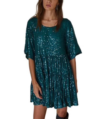 Minetom Damen Pailletten Kleid Kurzarm Party Cocktailkleid Club Glitzer Rundhals Vintage A-Linien Minikleid Festlich Abendkleid Glitzerndes Prom Kleider A1 Grün XXL von Minetom