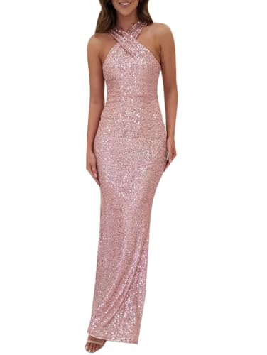 Minetom Damen Pailletten Langes Kleid Elegant Neckholder Ärmellos Partykleid Abendkleid Cocktail Festlich Hochzeit Maxikleid Glitzer Kleider A Rosa L von Minetom