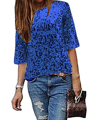 Minetom Damen Pailletten Top Schulterfrei T-Shirt Sparkle Glänzend Bluse Party Club Hemd Tunika Kurzarm Oberteil A Blau 40 von Minetom