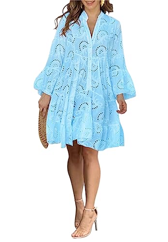 Minetom Damen Partykleid V Ausschnitt Floral Spitze Langes Kleid Strandkleid Cocktailkleid Freizeitkleid 3/4 Ärmel Lose Knopf A-Linie Boho Maxi Kleid A2 Blau XXL von Minetom