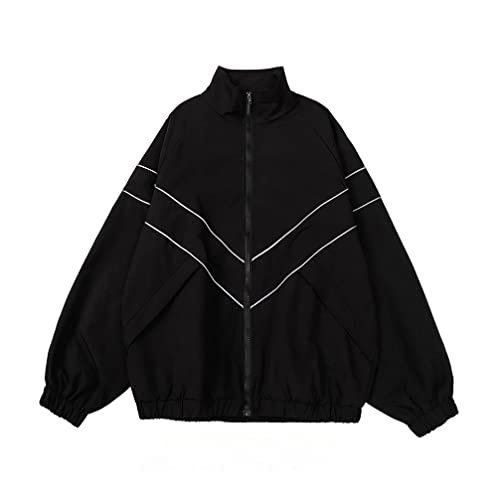 Minetom Damen Patchwork Farbblock Oversize Hip Hop Jacke Teenager Mädchen Mantel Sport Übergangsjacke Windbreaker College Jacke Sweatjacke D Schwarz XS von Minetom