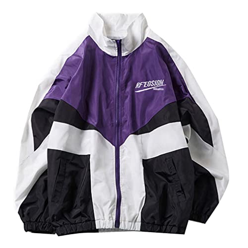 Minetom Damen Patchwork Farbblock Oversize Hip Hop Jacke Teenager Mädchen Mantel Sport Übergangsjacke Windbreaker College Jacke Sweatjacke F Violett XXL von Minetom