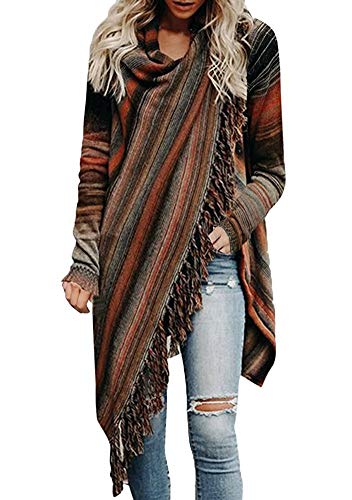 Minetom Damen Poncho Cape Mit Rollkragen Strickpullover Strickjacke Cardigan Unregelmäßig Sweater Herbst Winter Gestrickt Umhang A Orange DE 42 von Minetom