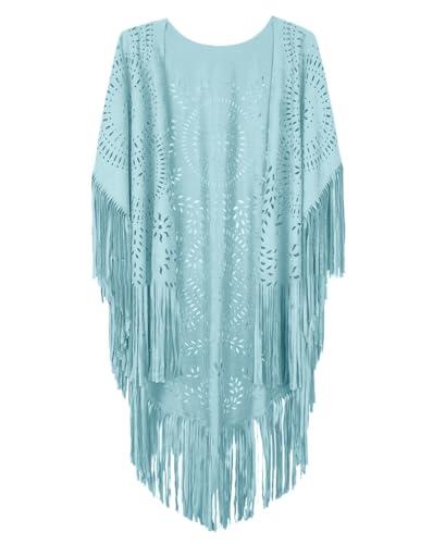 Minetom Damen Poncho Capes Vintage Offene Front Wildleder Cardigan Sommer Boho Quaste Strand Cover Up Schal Jacke Mantel Blau Einheitsgröße von Minetom