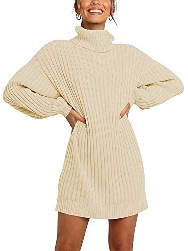 Minetom Damen Pullover Kleid Rollkragen Minikleid Winterkleid Strickkleid Warm Langarm Oversize Stricksweat Strickpullover Lose Sweatkleid Einfarbig Beige 42 von Minetom