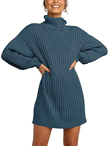 Minetom Damen Pullover Kleid Rollkragen Minikleid Winterkleid Strickkleid Warm Langarm Oversize Stricksweat Strickpullover Lose Sweatkleid Einfarbig Blau 36 von Minetom