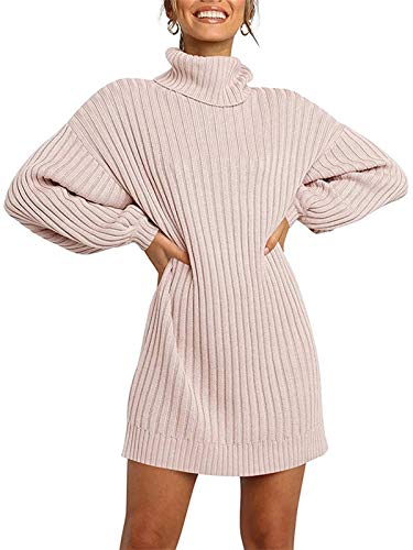 Minetom Damen Pullover Kleid Rollkragen Minikleid Winterkleid Strickkleid Warm Langarm Oversize Stricksweat Strickpullover Lose Sweatkleid Einfarbig Rosa 38 von Minetom