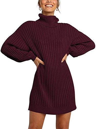 Minetom Damen Pullover Kleid Rollkragen Minikleid Winterkleid Strickkleid Warm Langarm Oversize Stricksweat Strickpullover Lose Sweatkleid Einfarbig Weinrot 42 von Minetom