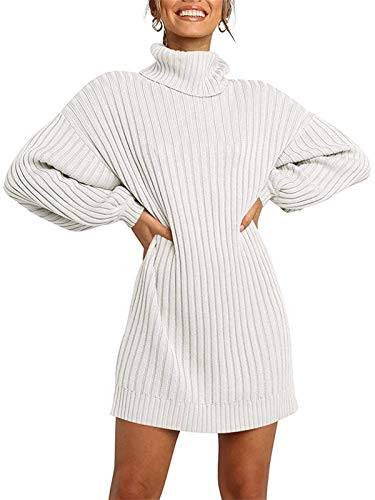 Minetom Damen Pullover Kleid Rollkragen Minikleid Winterkleid Strickkleid Warm Langarm Oversize Stricksweat Strickpullover Lose Sweatkleid Einfarbig Weiß 44 von Minetom