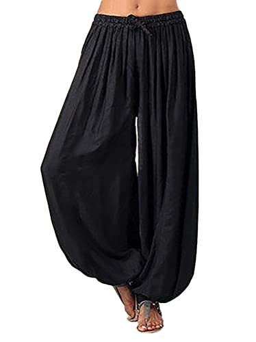 Minetom Damen Pumphose Haremshose Yoga Hose Leichte Sommerhose Sporthose Yogahose Locker Baggy Strandhose Pluderhose Freizeithose Schwarz L von Minetom