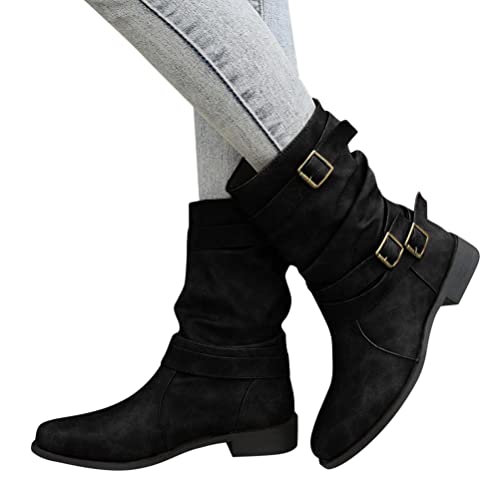 Minetom Damen Retro PU Stiefel Halbhoch Stiefeletten Mit Schnalle Einfarbig Runde Flache Stiefel Kurzstiefel Winterboots Schlupfstiefel Damenschuhe Winterschuhe A Schwarz 37 EU von Minetom