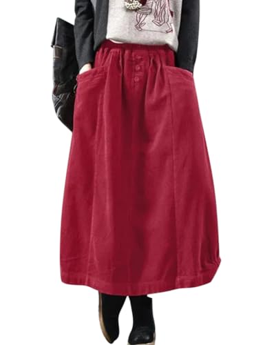 Minetom Damen Rock Herbst Winter Cord Rock Frauen Vintage Midi Lange Röcke Kordsamt Freizeitrock Midirock Elastische Taille A-Linie Skirt Faltenrock mit Taschen A Rot XL Minetom Damen Rock Herbst Winter Cord Rock Frauen Vintage Midi Lange Röcke Kordsamt Freizeitrock Midirock Elastische Taille A-Linie Skirt Faltenrock mit Taschen A Rot XL von Minetom